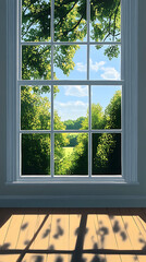 Sunny garden view through a large window