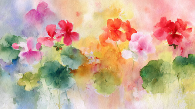 vibrant watercolor painting featuring colorful geranium flowers shades of red, pink, and green