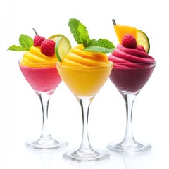 A refreshing sorbet trio in mango, lime, and raspberry flavors served in a cocktail glass, 