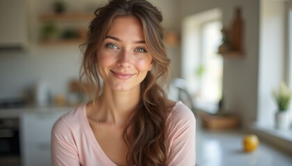 Fototapeta premium A cheerful young woman with long, flowing hair and sparkling green eyes beams with joy in a sunlit kitchen. Her soft pink top complements the warm, inviting atmosphere, making this image perfect for