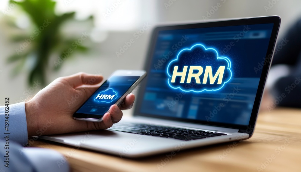 Aufkleber businessman accessing cloud-based hrm system via mobile device, glowing hrm text displayed