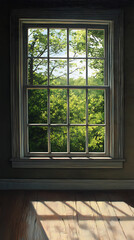 Fototapeta premium Sunlight streams through window to lush forest