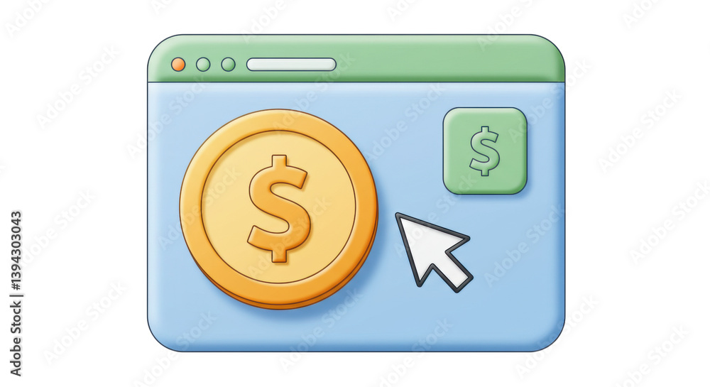Poster isolated browser window with dollar coin and cursor