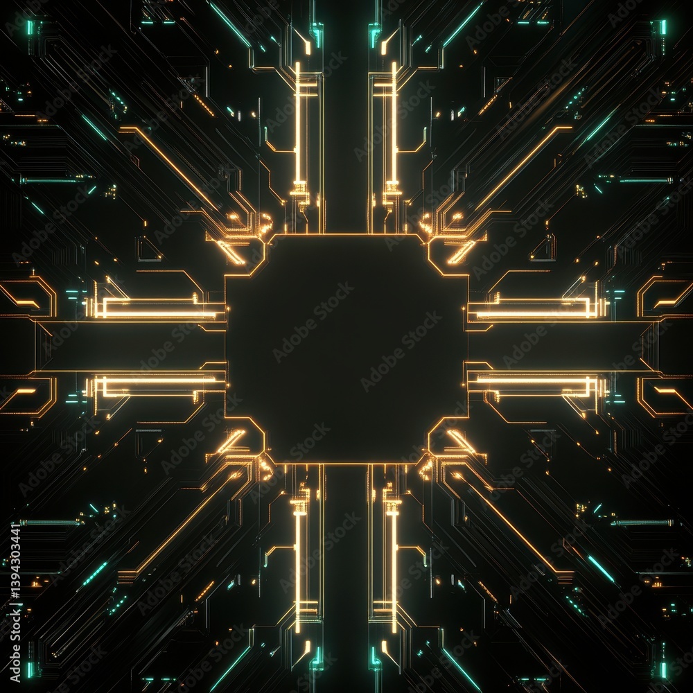 Poster abstract digital artwork with dark rectangular space framed by glowing teal and amber circuitry suit