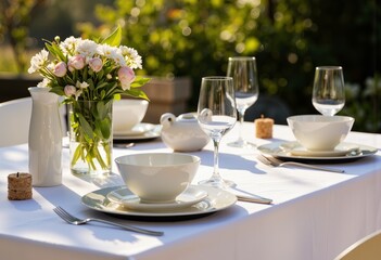 Elegant outdoor dining setup with floral centerpiece  