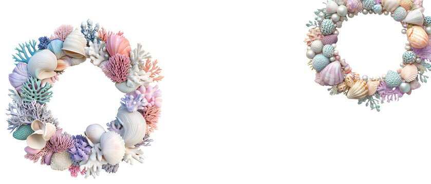 3D rendering of a circular wreath made of pastel colored seashells, pearls and corals on a white background