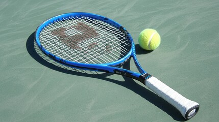 A tennis racket and ball resting on the court during a match.