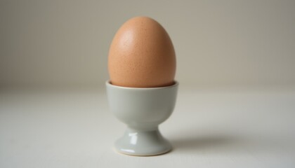 A beautifully smooth brown egg sits gracefully in a sleek, modern egg cup, creating a serene and minimalist aesthetic. The soft lighting highlights the eggs texture, evoking a sense of simplicity and