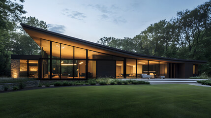 Modern Architectural Harmony: A sleek, contemporary home with a distinctive sloping roofline and expansive glass windows, seamlessly blending with its natural surroundings.
