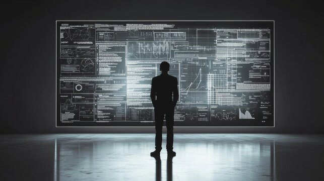 Person observes digital data display on wall in modern interior setting during evening hours