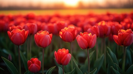 Obraz premium Vibrant field of blooming red tulips under a warm sunset sky creating a picturesque and serene spring landscape