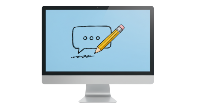 Isolated Computer Screen Displaying Drawing of Speech Bubble and Pencil for Creative Communication