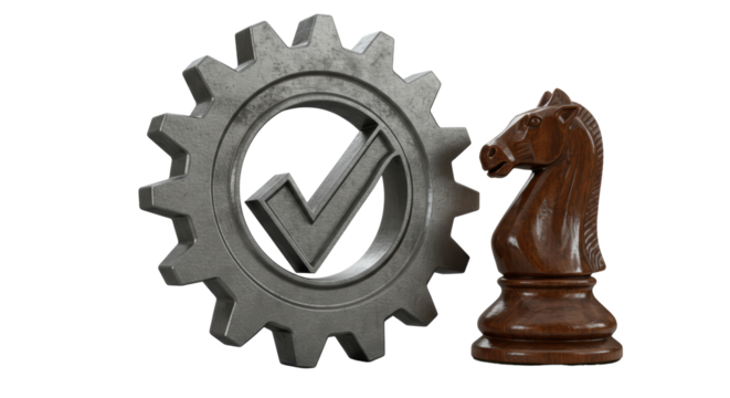 Isolated Grey Cogwheel with Approval Checkmark Near Chess Knight Symbolizing Business Strategy