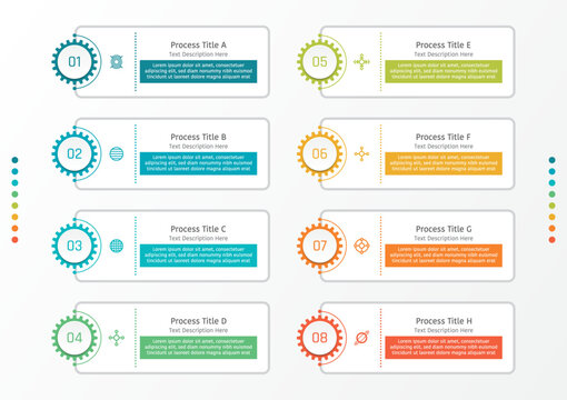 8 options business infographic template, rounded corner rectangular frame with gear on the left side, also with half circle line
