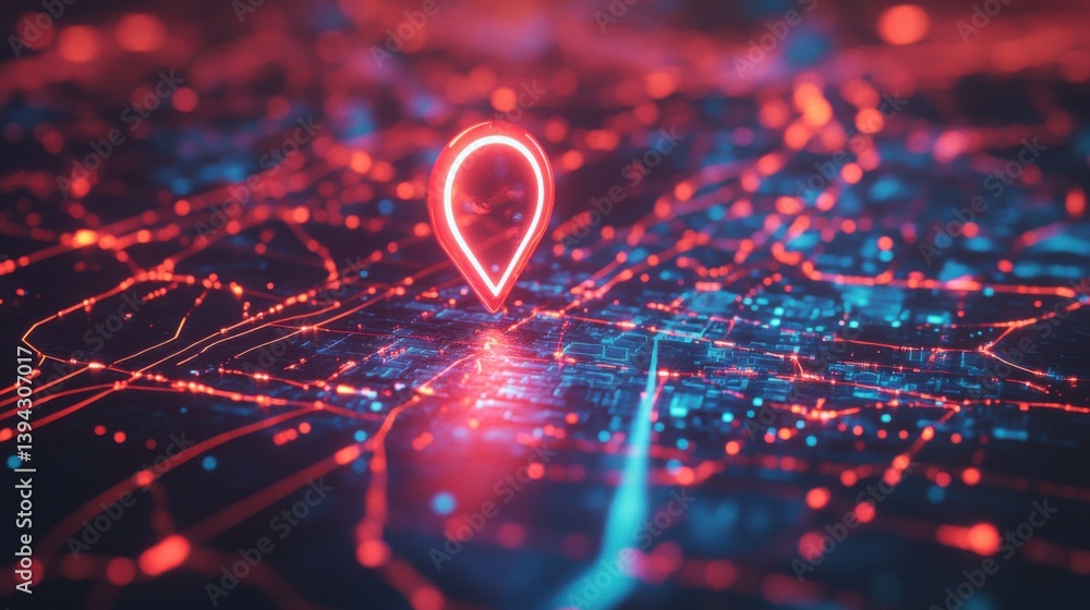 Poster a futuristic city map with glowing neon lights and a location pin marker, representing advanced navi
