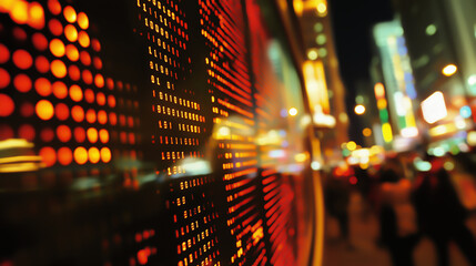Close-up of illuminated red and orange LED ticker display with glowing binary digits, reflecting financial data or stock exchange activity, set against blurred urban city lights at night.