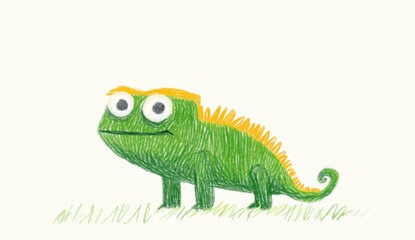 Playful green lizard illustration, textured style, on white background, short grass, large eyes, yellow crest