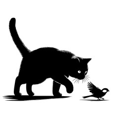 Obraz premium Cat stalking bird in a minimalist black and white style 