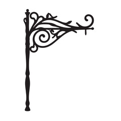 Ornate wrought iron sign bracket in black silhouette design  