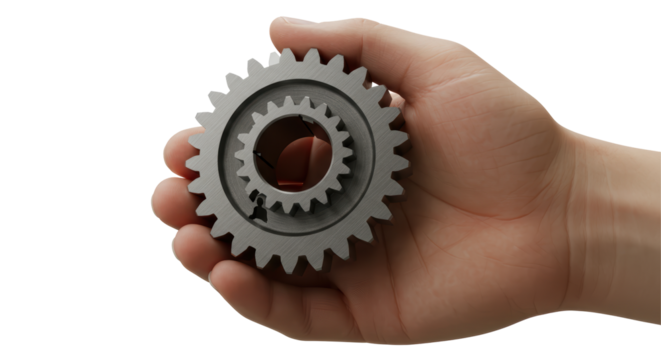 Isolated Hand Holding Metal Gears - Powered by Adobe