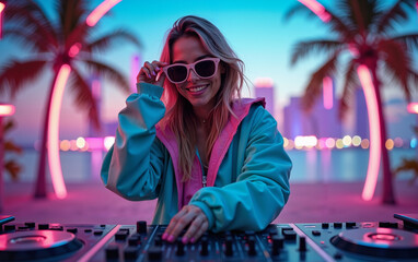 A female DJ with a cool, laid-back Miami vibe, poster for retro style 90s party