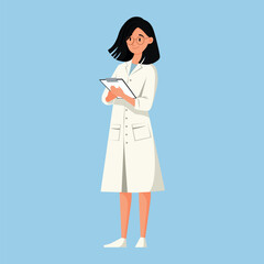 Cute woman doctor in white coat. Flat vector illustration on blue background.
