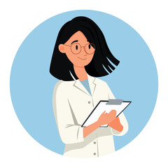 Cute woman doctor in white coat. Flat vector illustration on blue background.