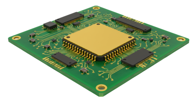 Isolated Golden CPU Chip on Green Circuit Board