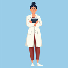 Cute woman doctor in white coat. Flat vector illustration on blue background.