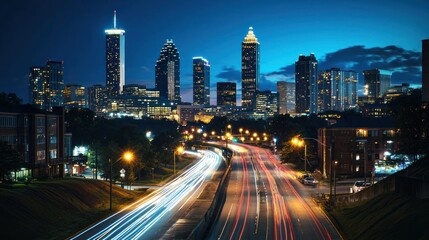 Obraz premium A high-angle shot of a city skyline at night with glowing streetlights and car lights.