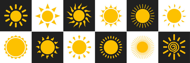 Sun icon set. Yellow sun icons. Shine sun ray set. Sunset icon collection. Yellow sun star icons. Vector illustration