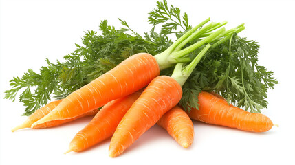A bunch of vibrant carrots with roots and green stems, placed cleanly on a white surface