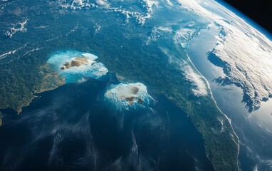 A close-up view of the Earth from space, with visible signs of deforestation and melting ice caps.