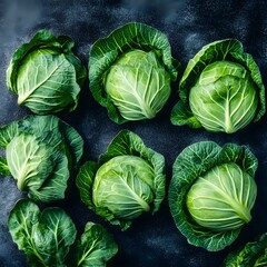 Fototapeta premium Fresh Green Cabbages Overhead Shot, Healthy Food