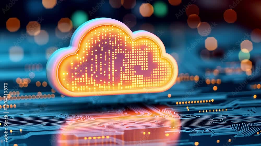 Poster glowing digital cloud technology modern data storage with circuit patterns and vibrant colors for in