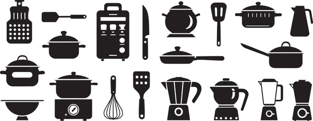 Colorful kitchen utensil icons set featuring knives, pots, and cups in bold flat style for culinary, design, and cooking apps.