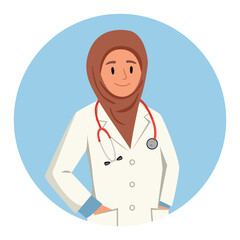Fototapeta premium Muslim Doctors Medical personnel in white coats. Flat vector illustration on blue background.