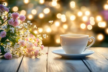 Fototapeta premium Romantic Evening Tea Cup with Flowers and Lights