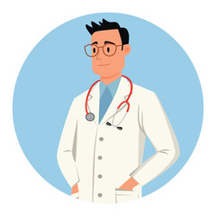 Fototapeta premium Cute man doctor in white coat. Flat vector illustration on blue background.