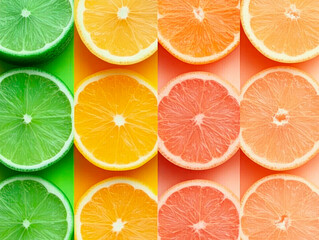 Close-up of citrus fruit slices, including lime, orange, and grapefruit, arranged in a geometric pattern with vibrant gradient backgrounds. 