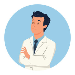 Cute man doctor in white coat. Flat vector illustration on blue background.
