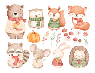 Watercolor Illustration Cute Woodland Animals in Autumn Season with Pumpkins and Leaves