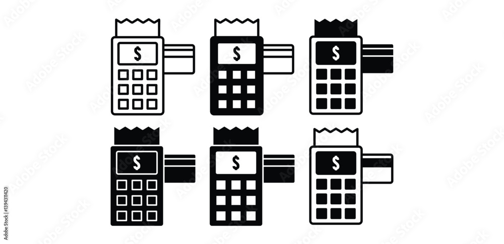 Poster pos terminal icons set payment processing digital transaction technology black and white color vecto