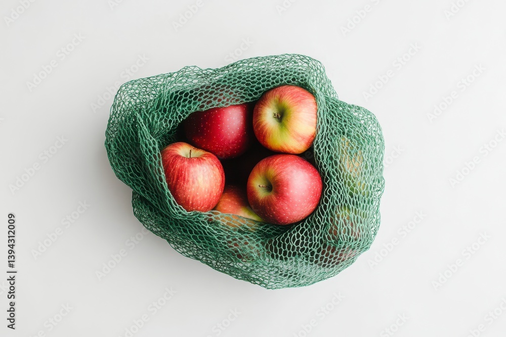 Poster a green mesh bag filled with apples. the apples are red and shiny. the bag is green and has a mesh t