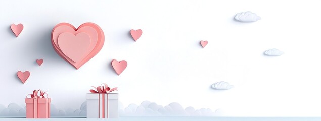 Mother's day postcard with paper flying elements and gift box on white sky background. Vector symbols of love in shape of heart for greeting card design