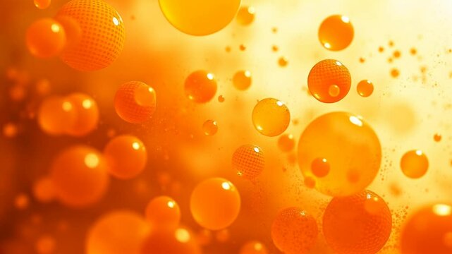 Free Floating Glossy Orange Bubbles Suspended in Warm Light with Depth and Motion for Abstract Futuristic Design and Background Effects