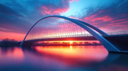 A modern bridge with sleek architecture, spanning across a river at sunset