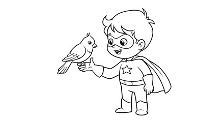 Fototapeta premium Child Superhero Befriends Bird Coloring Page - Gentle Interaction Line Art for Kids