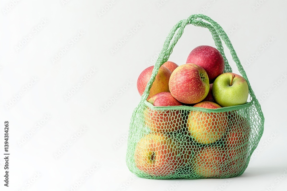 Poster a basket of apples is displayed in a green mesh bag. the apples are red and green, and there are at 