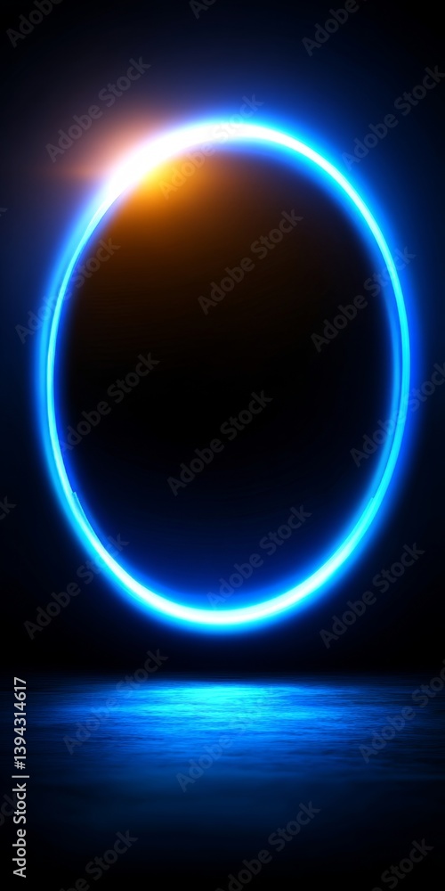 Poster glowing neon light circle frame with copy space on a reflective surface, abstract background